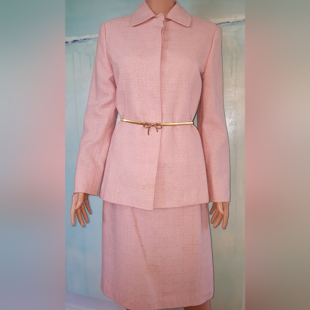 POUL STUART PINK GOLD WOOL TWEED RUNWAY SKIRT SUIT M 